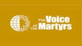 A yellow banner with the words " voice of martyrs ".